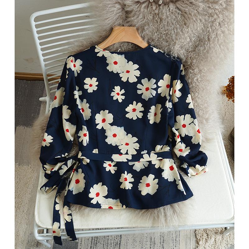 Damen Retro Französischer Print V-Ausschnitt Wickeloberteil - Verspielt und Neu