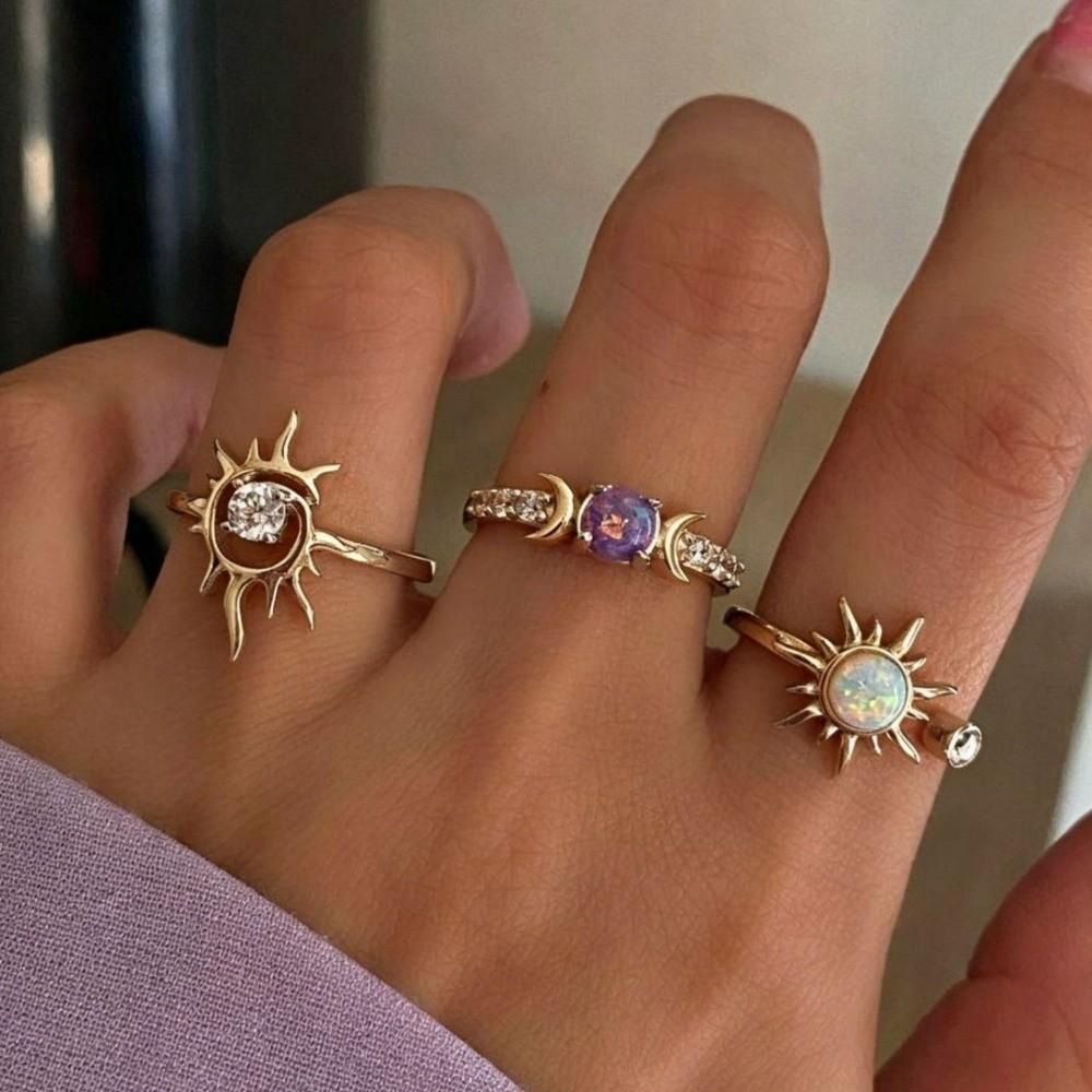 Inlaid Purple Gem Stackable Rings Shiny Adjustable Finger Jewelry Retro Sun Moon Ring Set  Girls