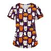 Dámský v-výstřih krátký rukáv zdravotnický top s dvojitými kapsami Halloweenský potisk pro uniformu