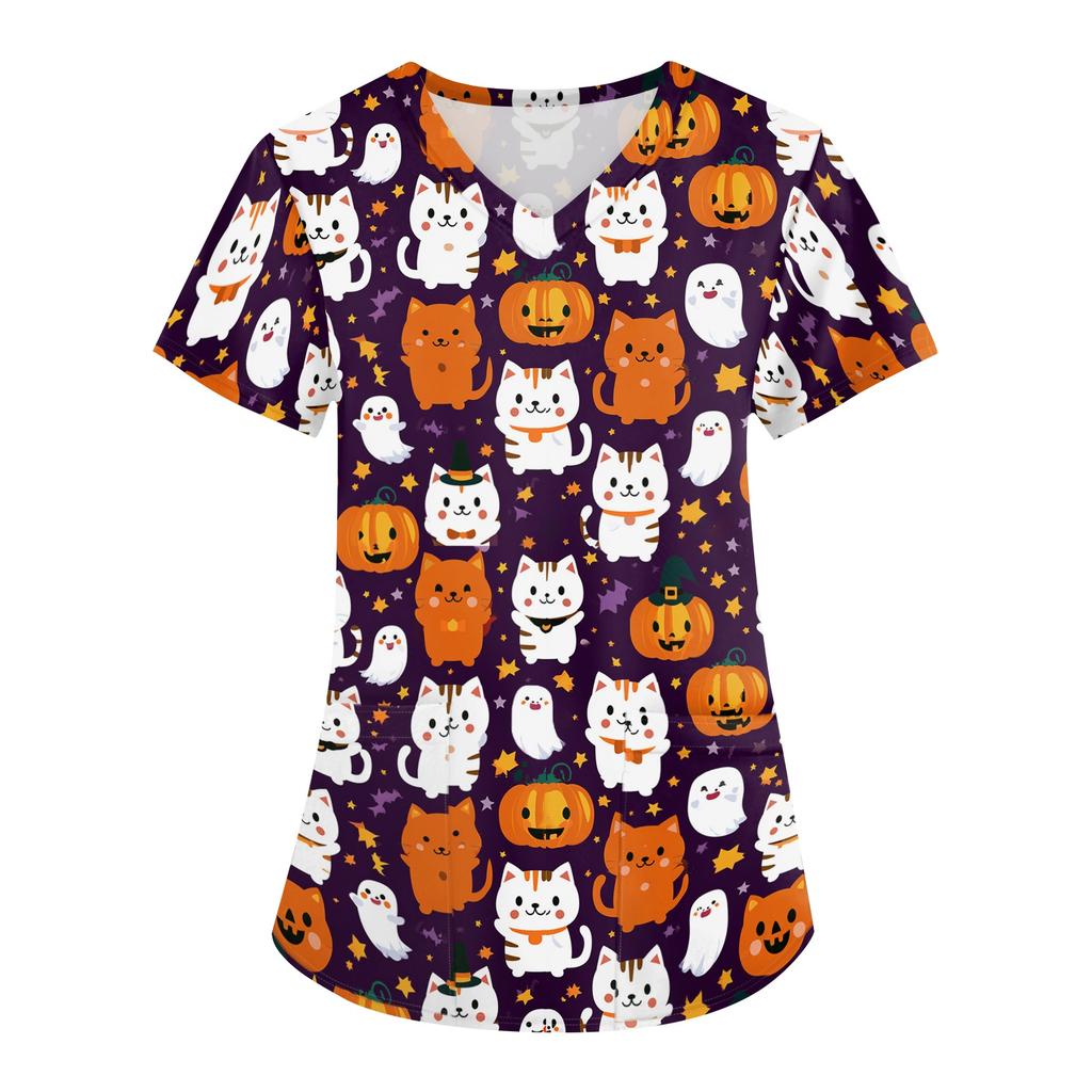 Dámský v-výstřih krátký rukáv zdravotnický top s dvojitými kapsami Halloweenský potisk pro uniformu