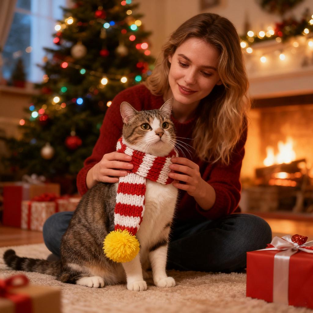 Pet-themed Color-blocked Knitted Christmas Scarf