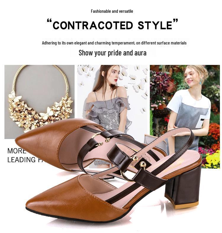 2024 Chunky Heel Hollow Sandals for Women, Slimming Pointed Toe Single Strap Buckle