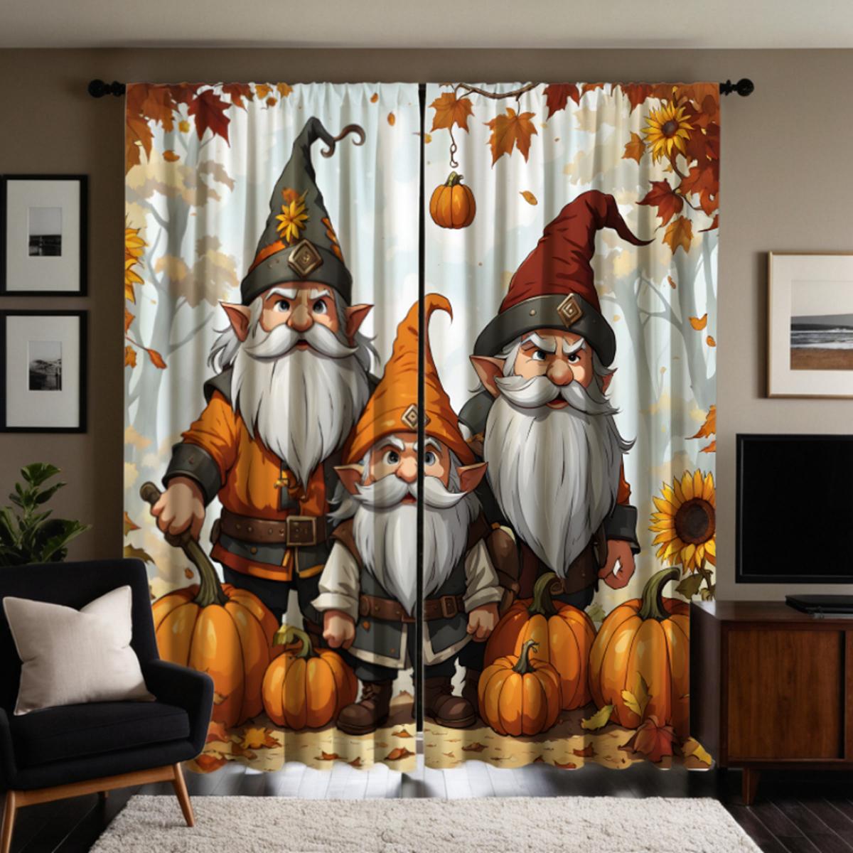 

2 шт. HD длинная шляпа на День благодарения с тремя декоративными занавесками в виде тыкв-гномов Желтые занавески с цифровой печатью Домашний декор sty W52H63inchW132H160cm