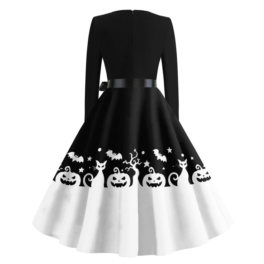 Women's Vintage Long Sleeve Square Neck Halloween Print Party Dress with Waist Tie Belt Retro Style Midi Dress