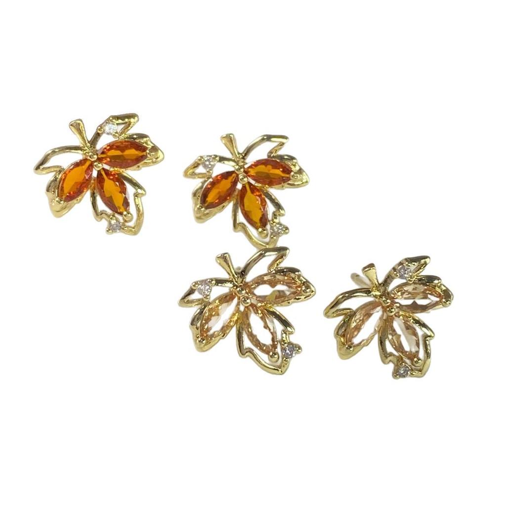 High-End Red Zircon Maple Leaf Stud Earrings - Elegant Autumn/Winter Design