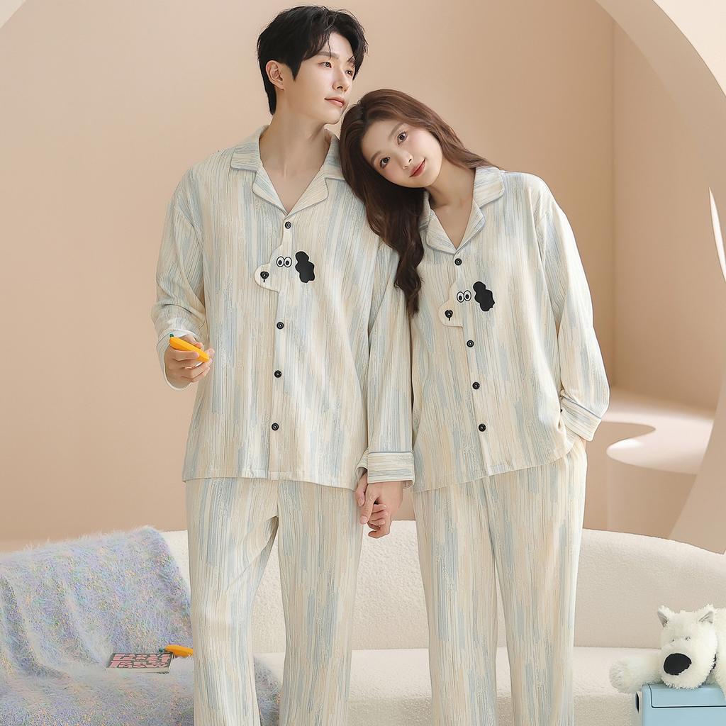 New long-sleeved trousers pure cotton couple pajamas can be worn outside cartoon loose casual men and women pajamas set cotton