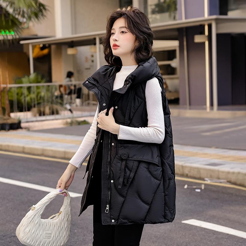 Daunenweste Damen mittel und lang Herbst und Winter große Größe Slim Fit Kapuzenweste Weste verdickter Baumwollmantel