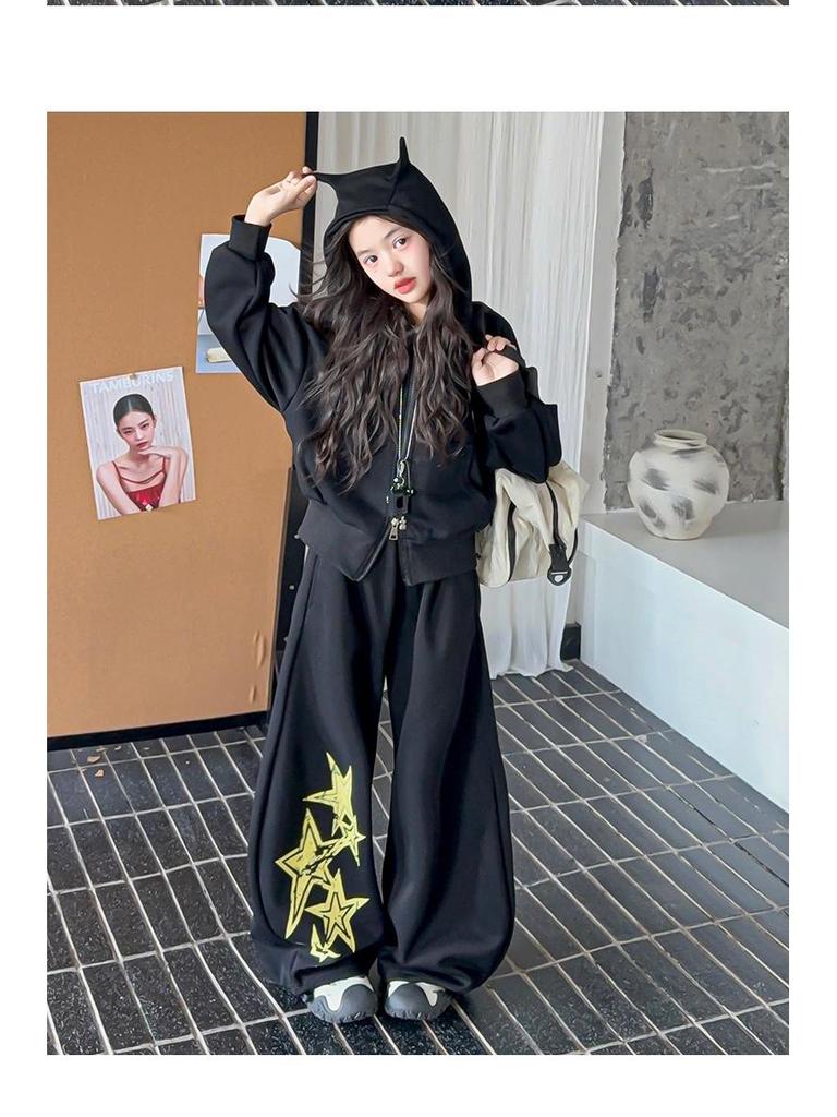 Girls' Spring & Autumn 2025 Set: Korean Style Hooded Jacket with Star Scimitar Pants for Middle & Big Kids