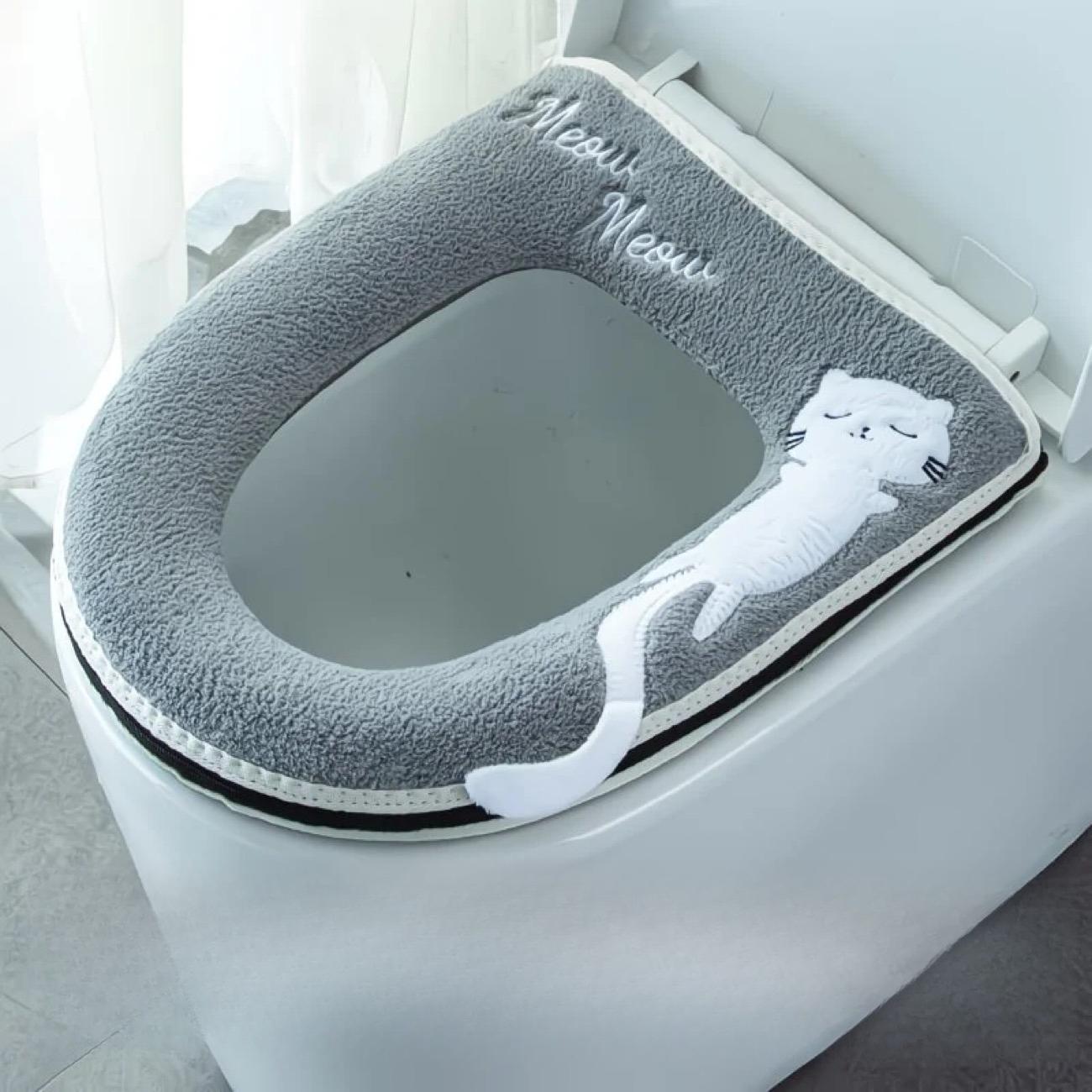 

1 шт. универсальный чехол на сиденье для унитаза, чехол для унитаза на молнии для ванной комнаты, зимний утолщенный теплый моющийся чехол с рисунком кота, милый чехол на сиденье унитаза серый
