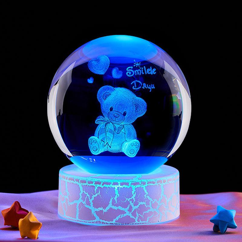 Luminous Teddy Bear Crystal Ball Night Light with Wooden Base - Creative Desktop Decoration Gift.