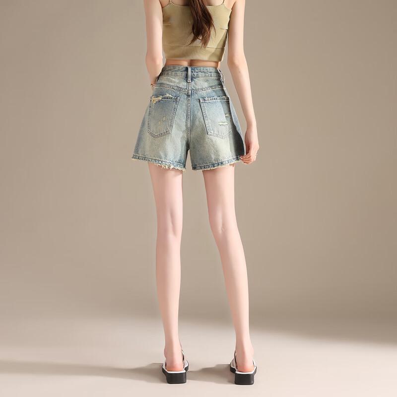 RAIN.CUN Women's Retro Distressed High-Waist A-Line Wide-Leg Denim Shorts