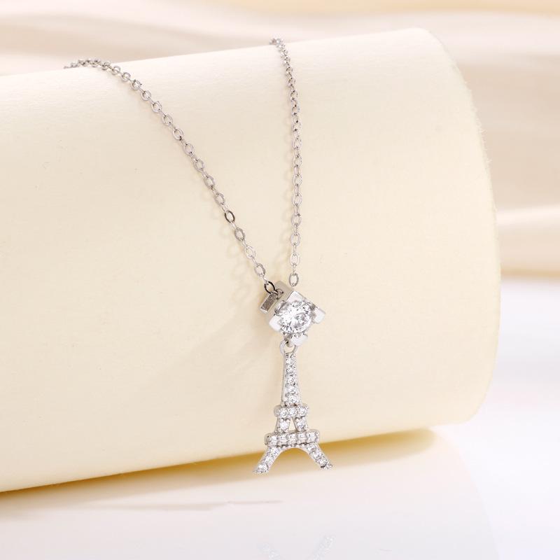 S925 Sterling Silver Eiffel Tower Necklace: French Light Luxury Diamond Design for Women 925 Silver платиновый