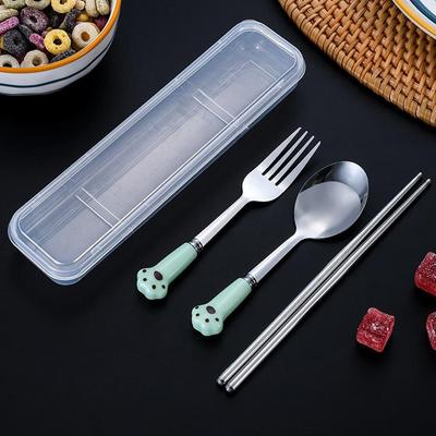 Set di Posate in Acciaio Inossidabile a Forma di Zampa di Gatto Posate Portatili Forchetta Cucchiaio Bacchette Tuta a Tre Pezzi Con Scatola Posate da Viaggio Regalo