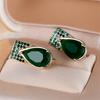 Water Drop Jade Stone Green Crystal Zircon Hoop Earrings For Women Vintage Gold Color Ear Buckle Engagement Jewelry Wedding Gift
