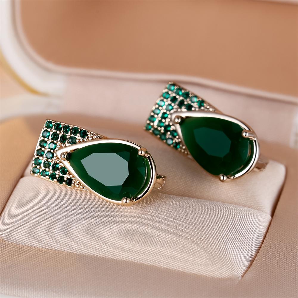 Water Drop Jade Stone Green Crystal Zircon Hoop Earrings For Women Vintage Gold Color Ear Buckle Engagement Jewelry Wedding Gift