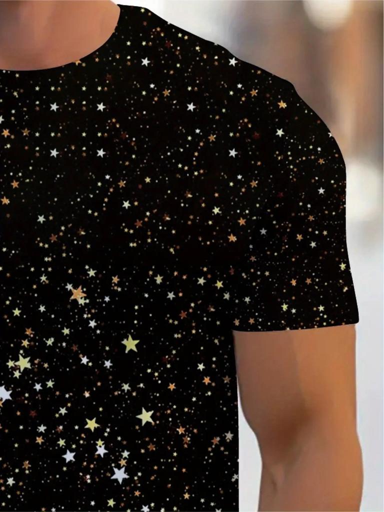 Men'S Casual Sports T-Shirt - Shiny Print Black And Golden White Stars, Breathable Short Sleeve, Washable Summer Casual Wear, Durable Comfortable