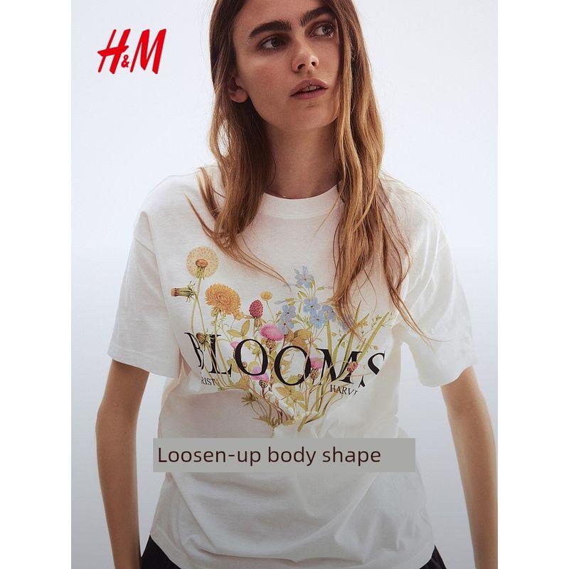 

HM Women s t-shirt 2025 Summer New Print Loose American round Neck Fashion Casual Short sleeve Top 1274174 Blue/Riviera Italiana 165/96(M)