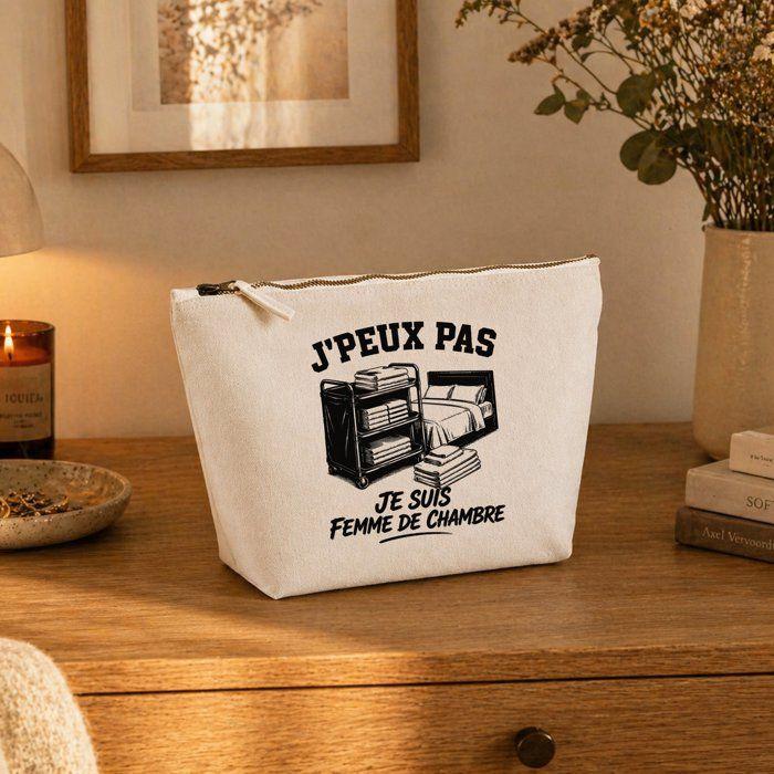 Beige Pouch I Can't I'm a Housekeeper I Can't Minimalist | 3 L Cotton Toiletry Bag with Metal Zip and Base