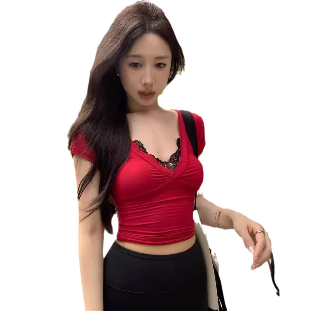 

Lace splicing v-neck short-sleeved imperial sister fried street red top female sexy pure desire slim and thin chic short T-shirt S