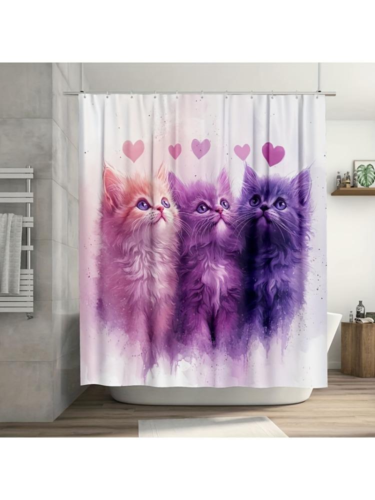 

1Pc Pastel Pink & Purple Cat Shower Curtain, Durable Polyester, Easy Clean, With Hooks, Ideal For Bathroom & Window Decor W60H190(CM)-1 Pcs