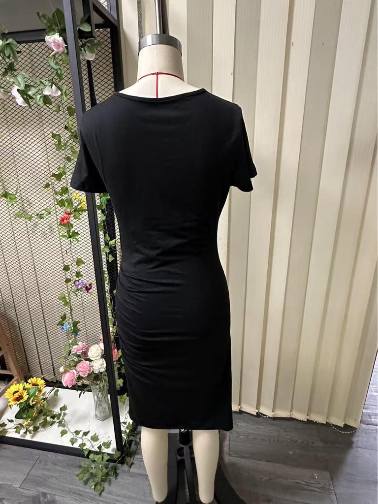 2026 European & American Women's Waist-Cinching Round Neck Hip-Hugging Short Sleeve Solid Color Sexy Dress