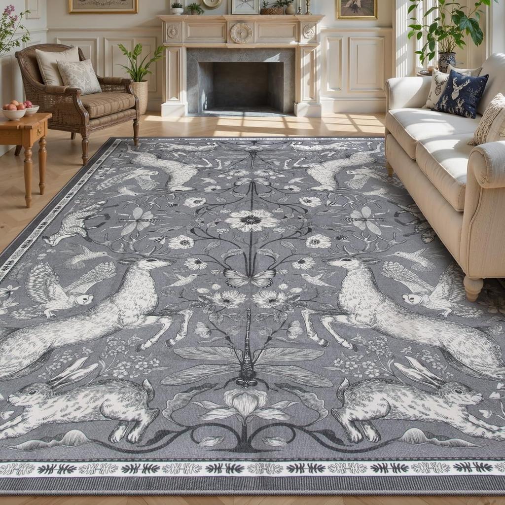 Modern Animal Elk Print Carpet for Living Room Botanical Rabbits Pattern Sofa Coffee Table Floor Mat Soft Washable Bedroom Rug