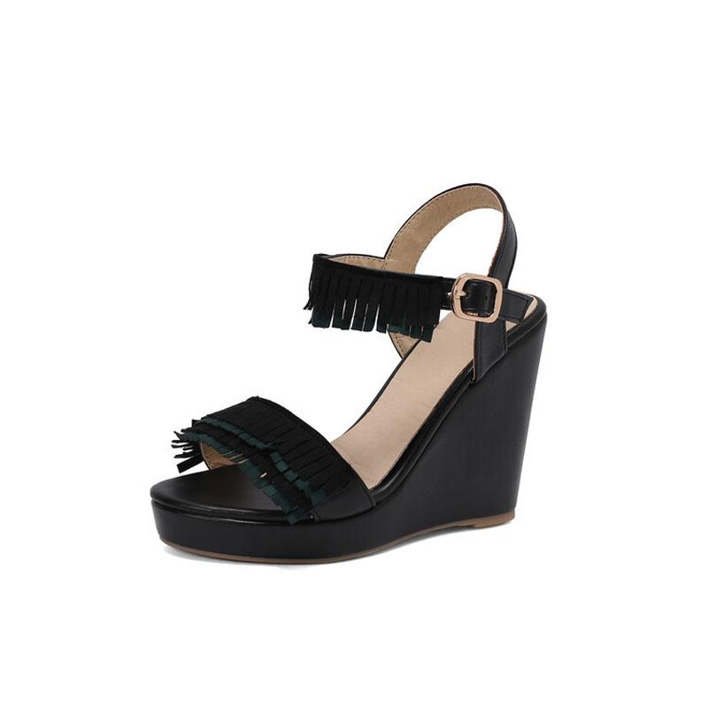 Women Wedges Sandals Large Size 34~43 Summer Flock Sandals Tassel Decorate Ankle Strap High Heels Dress Platform Shoes WSH5055