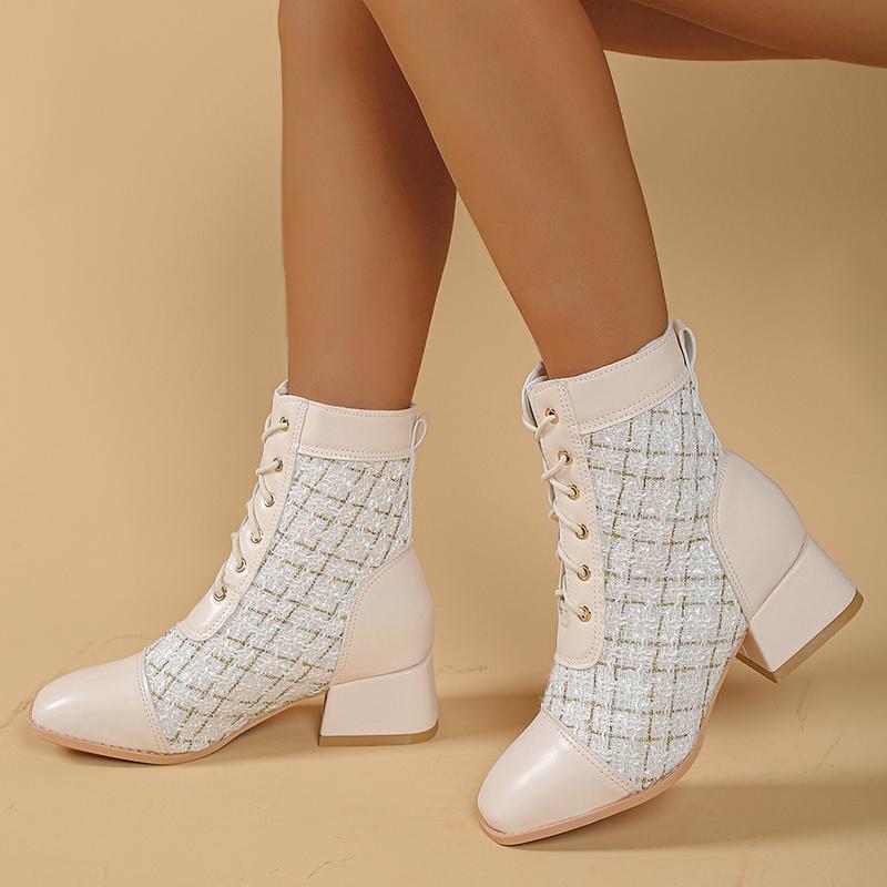 Fashion Fashion Women's Chunky Heels Ankle Boots Autumn Winter Lace Up Square Toe Short Boots Woman Patchwork High Heel Botas Mujer 2025
