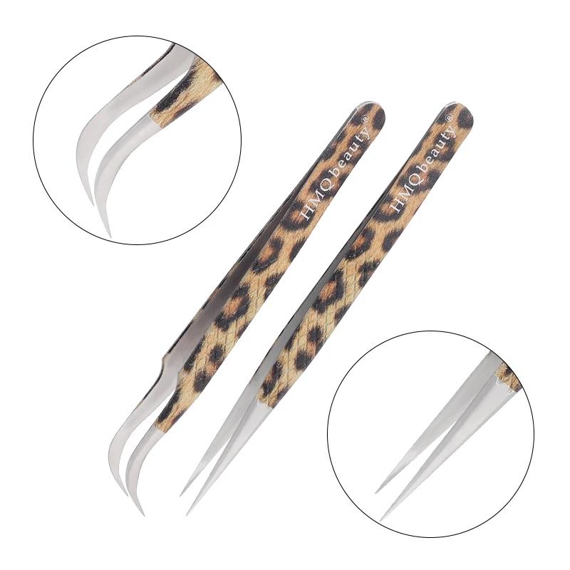 2Pcs Leopard Lash Tweezers Stainless Steel Superhard Tweezer 3D Volume Accurate Anti-Static Eyelash Extension Clip Beauty Tools