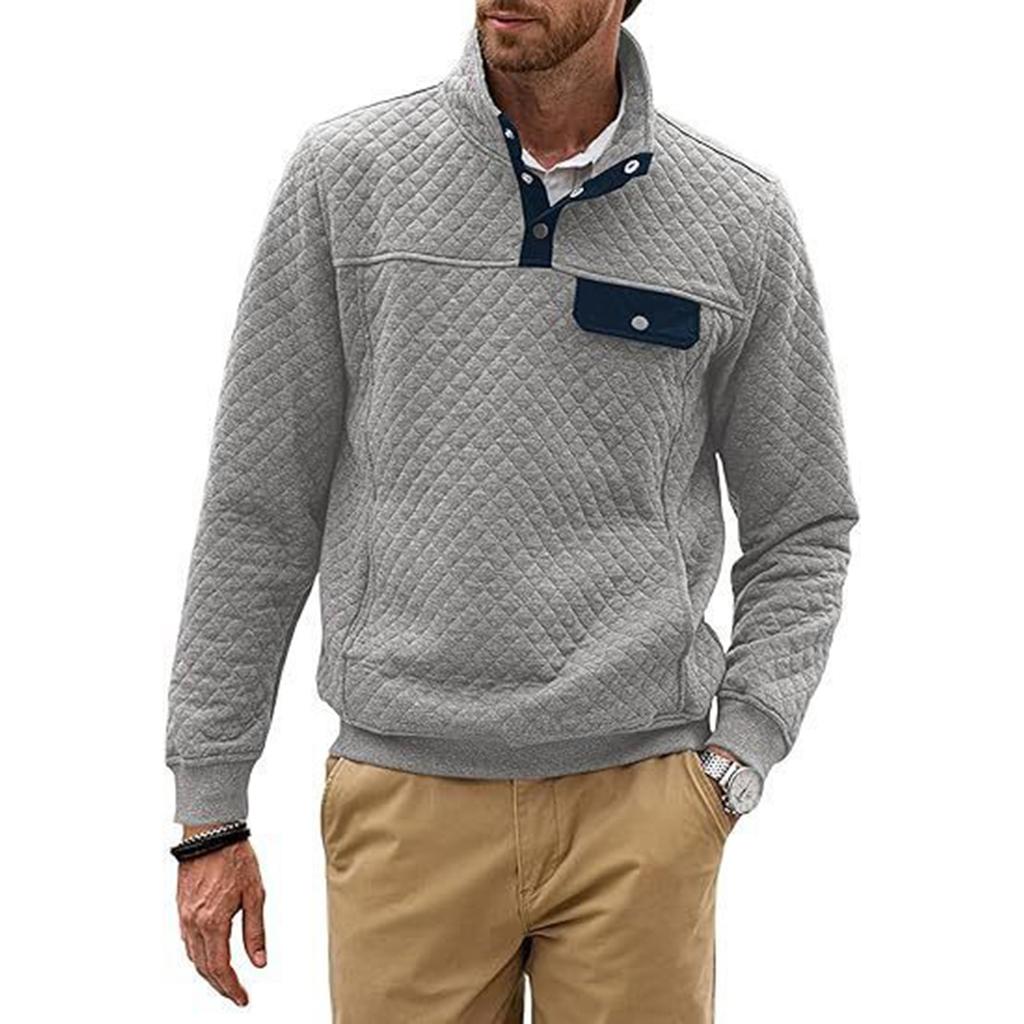 Men's Winter Solid Color Diamond Check Sweatshirt Men's Casual Pocket Button Sweatshirt
