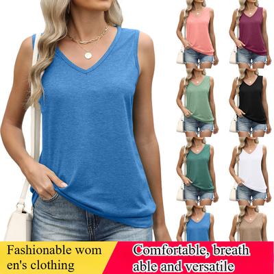 Evropský a americký jarní a letní dámský top s výstřihem do V, jednobarevná vesta, volné tričko bez rukávů, ležérní top