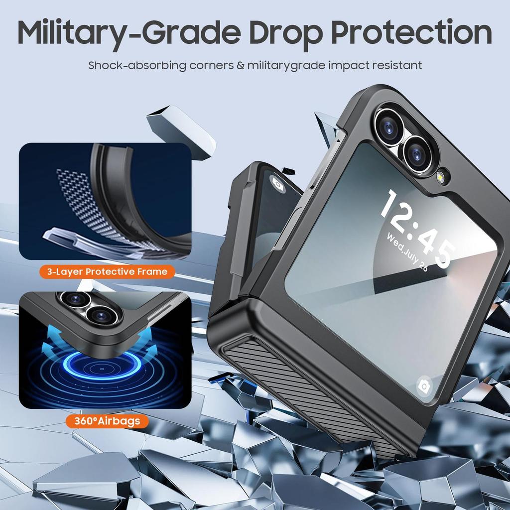 For Samsung Galaxy Z Flip 6 with Card Holder [RFID Blocking] & Hinge Protection & HD Screen Protector,Rugged Anti-Scratch Phone Case-Black