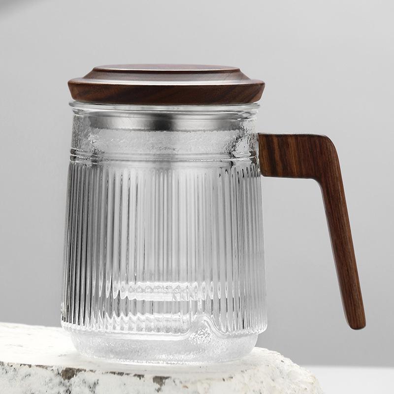 

400ML Stripe Heat Resistant Glass Tea Water Separation Tea Cup With Wood Handle Brewing Flower Puer Cups Kung Fu Tea Mug Set 400ml чистый