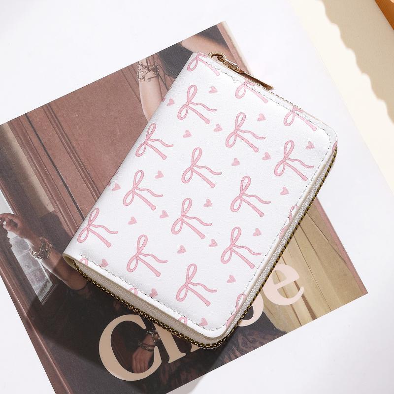 Cute Bow Print PU Leather Card Holder Multiple Slots Secure Zipper Coin Purse Small Wallet for Weekend Trips