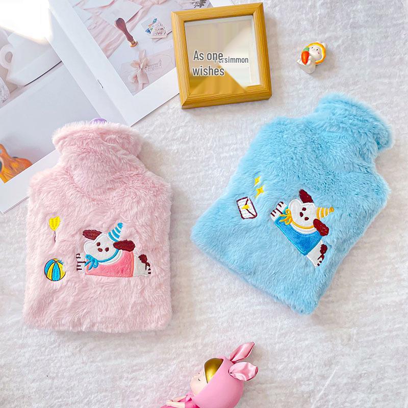 1200ml Cute Embroidered Hot Water Bottle with Plush Insertable Hand Warmer for Winter