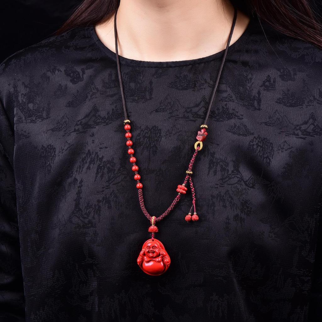 Cinnabar Maitreya Buddha Lotus Pendant Necklace - High-Grade Red Sand for Men & Women