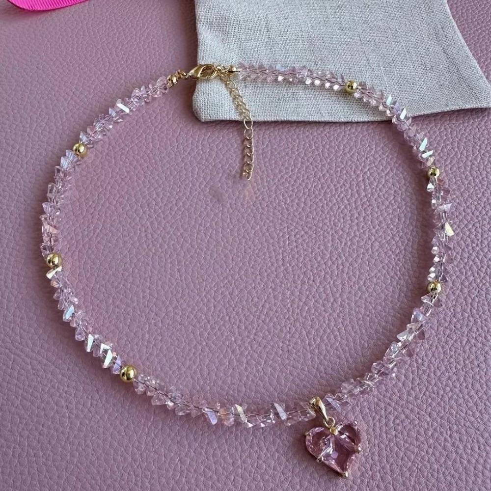 Vintage Heart Pendant Necklace Sexy Design Geometric Rhinestone Necklace Zircon Heart Transparent Crystal Choker Necklace розовый