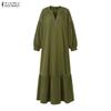 ZANZEA Autumn Womens V Neck Puff Sleeve Maxi Dress Casual Loose Solid Color Tiered Long Dresses