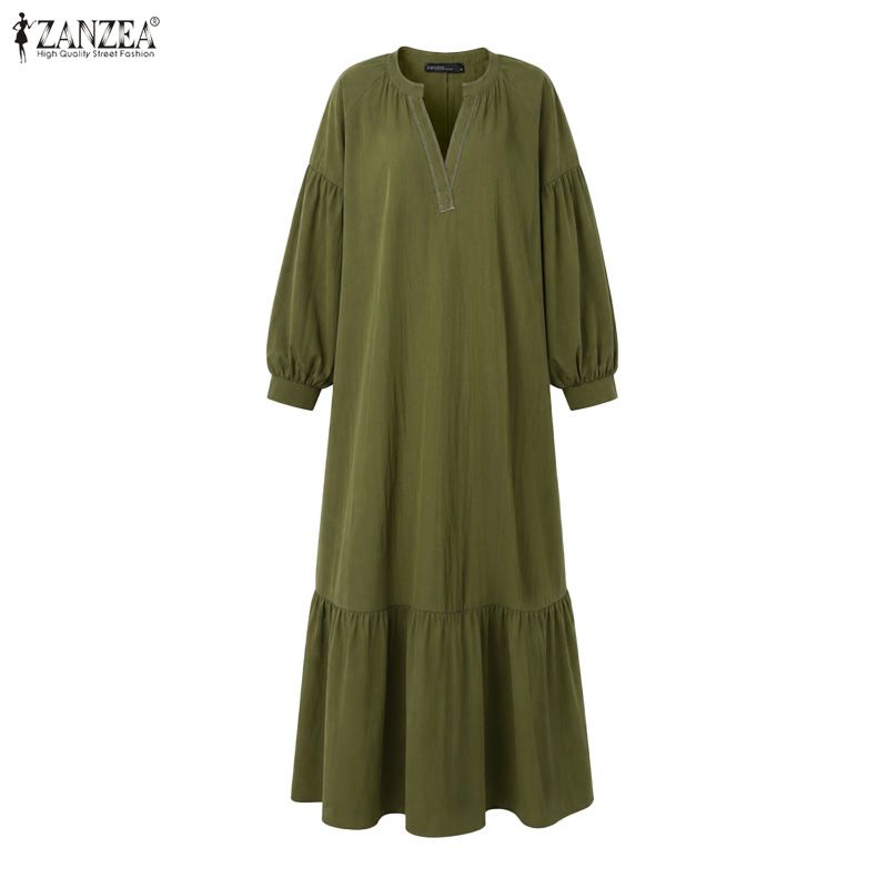ZANZEA Autumn Womens V Neck Puff Sleeve Maxi Dress Casual Loose Solid Color Tiered Long Dresses
