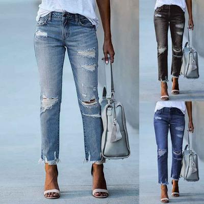 Women's Slim Fit Solid Color White Matching Ripped Straight Leg Jeans For Women Women Jeans Pants Jeans