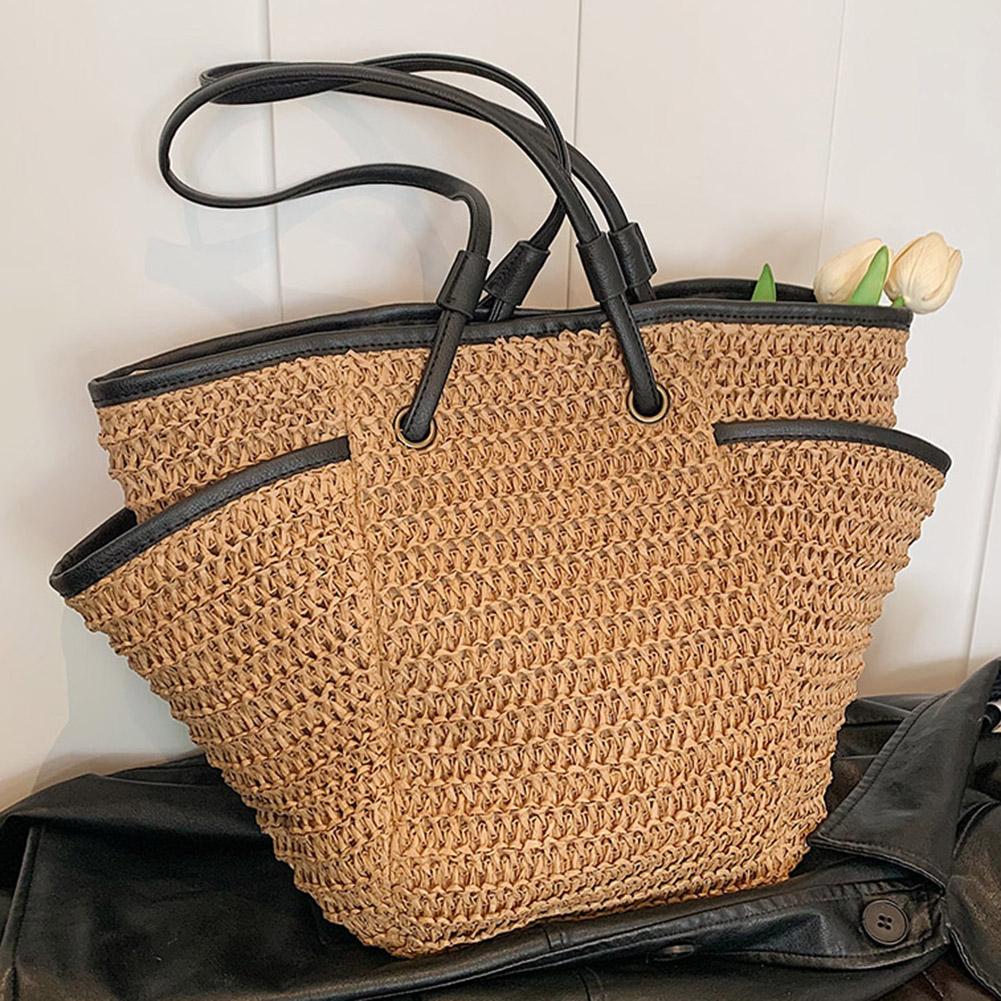 Women Straw Woven Tote Bag Summer Beach Bags Large Capacity Beach Vacation Shoulder Bag Multi Pockets for Outdoor Travel