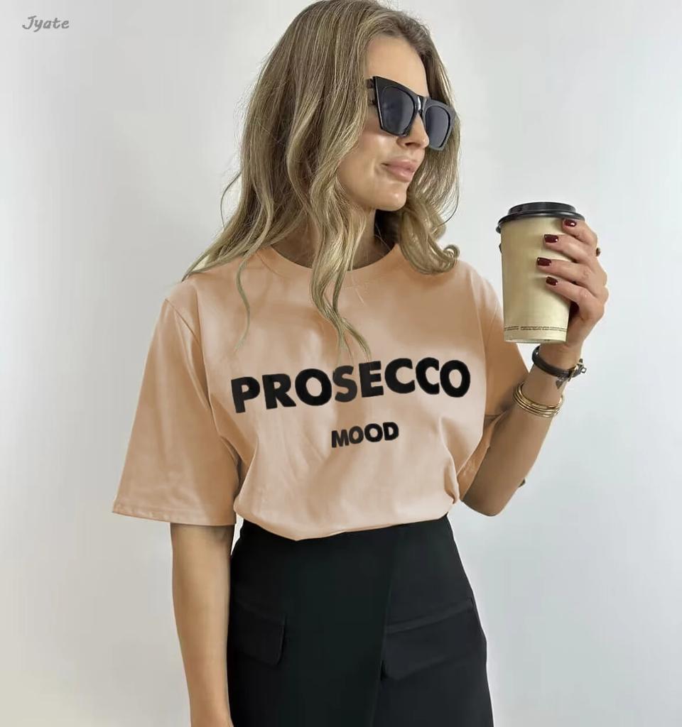 Prosecco Buchstabenaufdruck Mode Sommer T-Shirts Baumwolle Amerikanische Streetwear Damen Tops 2024 Neu Kurzarm Rundhals Locker Y2K Tees