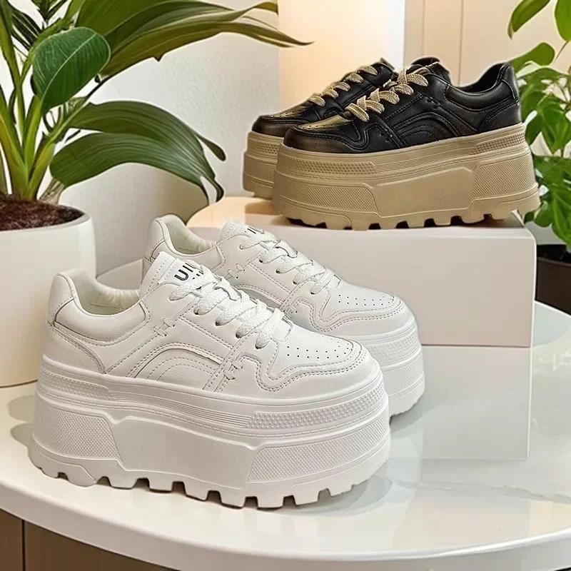 Women's Shoes 2025 Spring New Thick Soled Height Increasing Casual Sports Shoes Fashionable Lace Up Anti Slip Casual Board Shoes