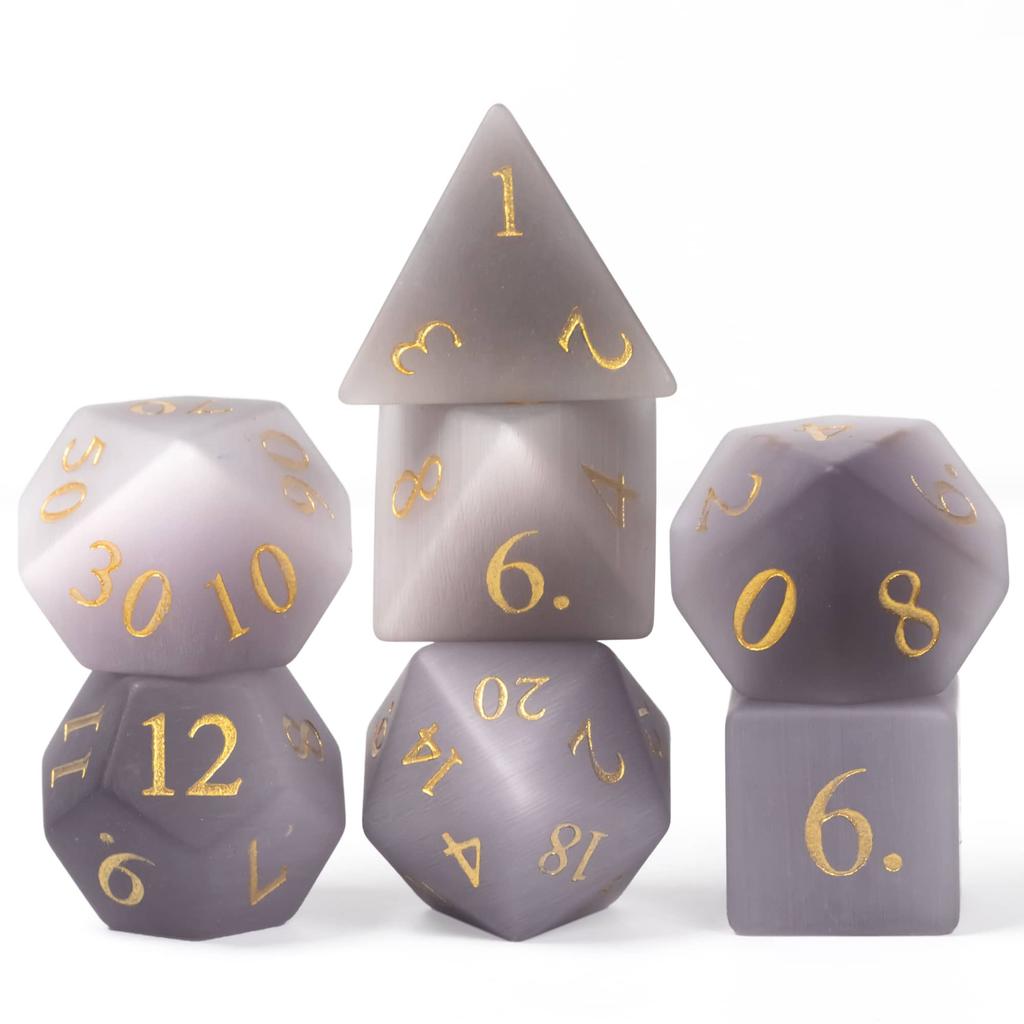 Cusdie Cat's Eye Stone DND Dice Handmade D4-D20 Polyhedral Gemstone Dice Set with Leather Box for Tabletop RPG Collection