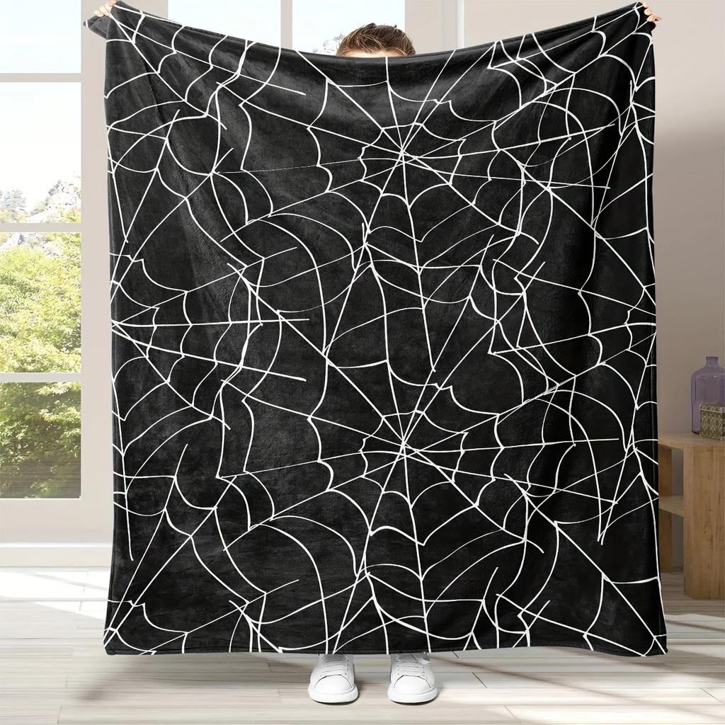 Flannel Blanket Spider Web Pattern Black White Gothic Decorative Throw for Sofa Couch Bedroom Halloween Atmosphere Creating