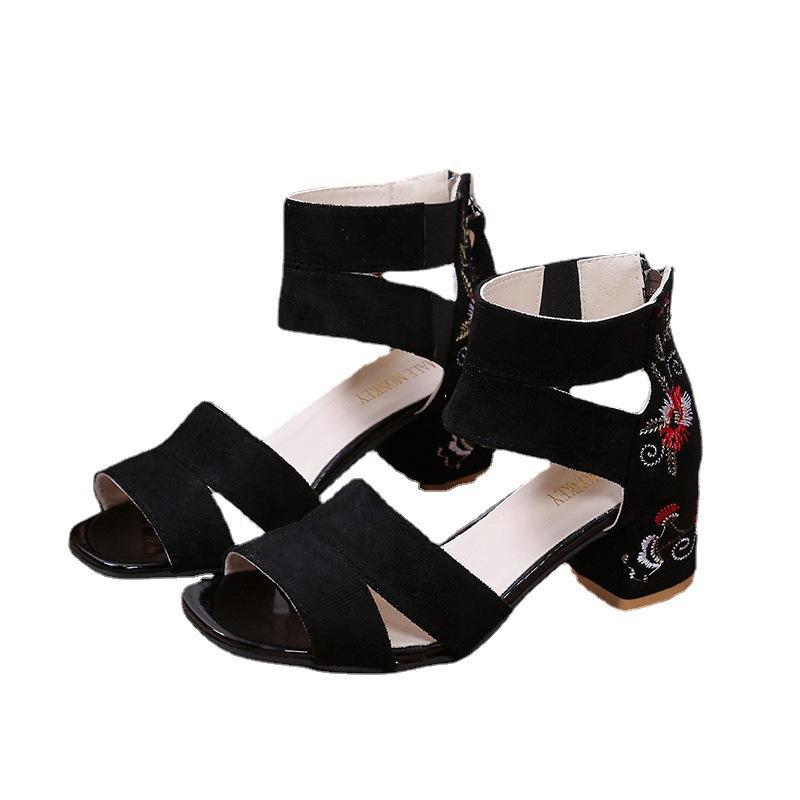 Embroidered Flower Open-toe Bag Heel Roman Shoes Women's 2024 Summer Chunky High-heeled Sandals Plus Size Fashion Sandals