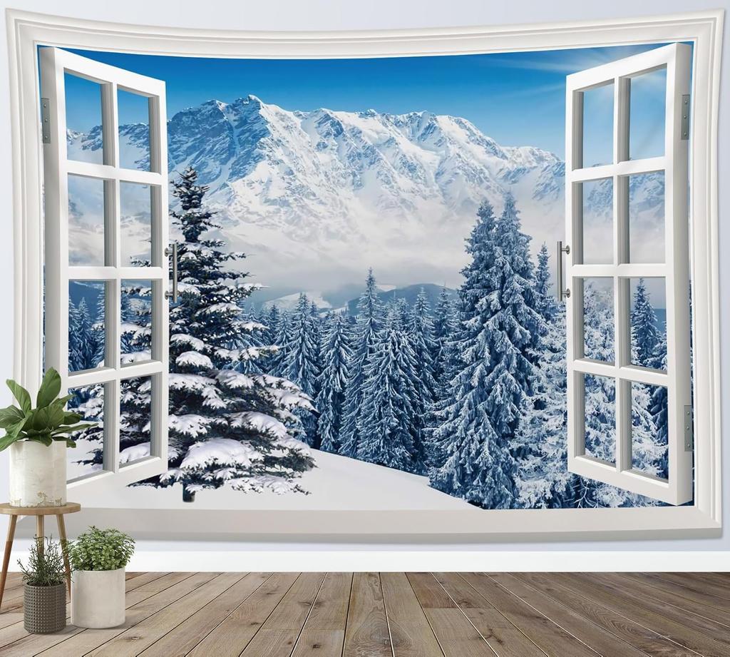 Starry Sky Tapestry Snow Mountain Wall Hanging Pine Tree Forest Tapestries for Bedroom Living Room Dorm Decor,80Wx60H inches
