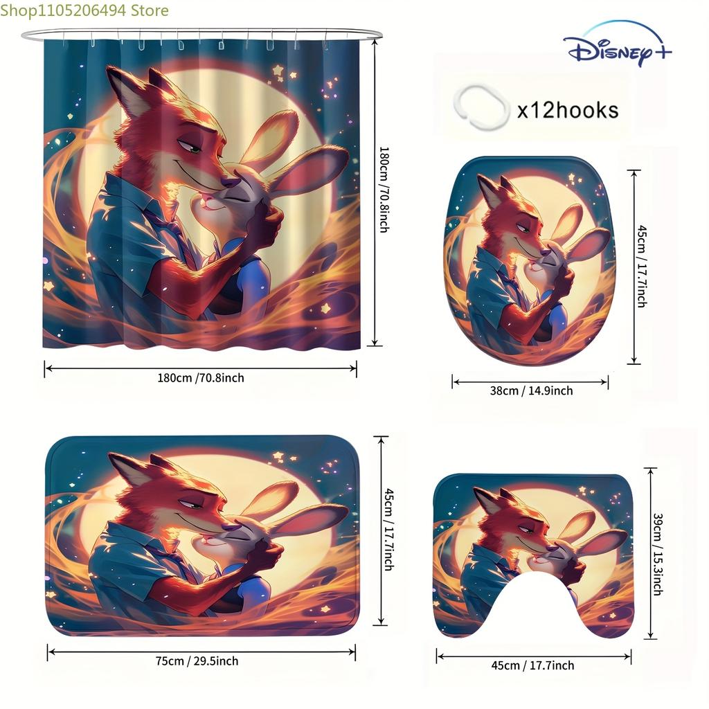 4pcs Official Disney Zootopia Bathroom Collection: Waterproof Shower Curtain with All Characters, 4-Piece Set