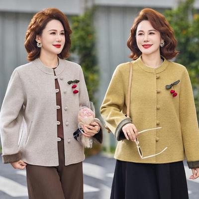 New Chinese Style Frog Button Coat for Middle-Aged and Elderly Women - Elegant Spring/Autumn Wedding Banquet Wool Coat