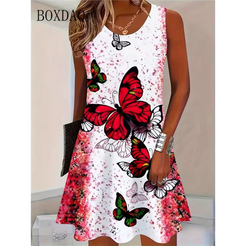 Summer Sleeveless Dress Women Fashionable Colorful Flowers Butterflies 3d Print Versatile Mini Dresses Comfortable Plus Size 8XL Soft Breathable Dress